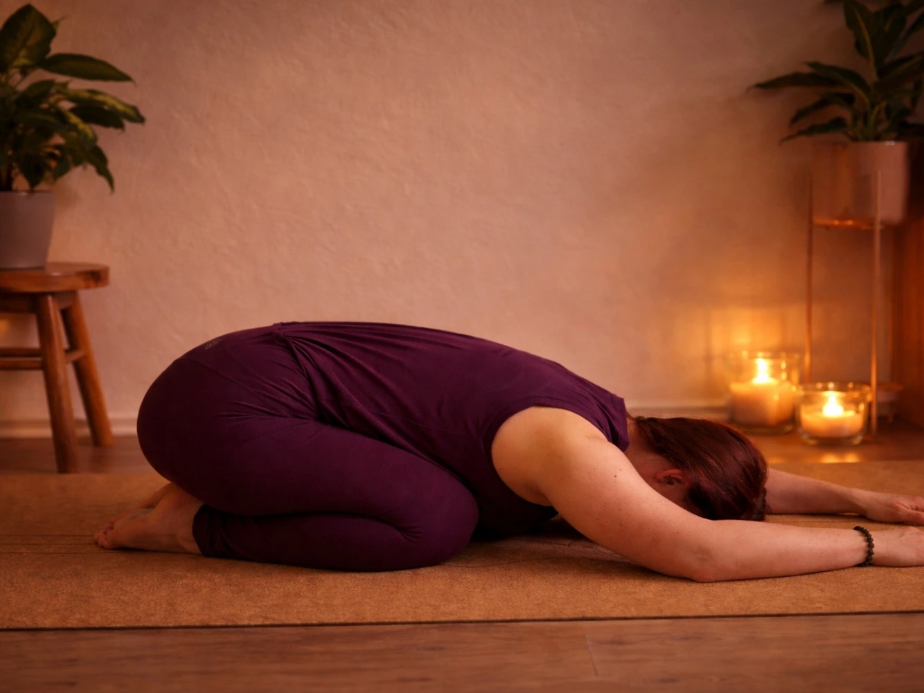 Frau in der Kindhaltung (Balasana) auf einer Yogamatte, ruhige Abendstimmung mit Kerzenlicht und Pflanzen