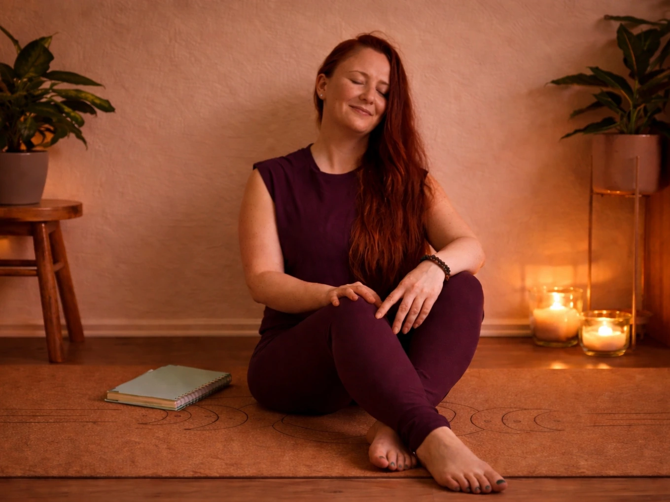 Frau sitzt entspannt auf Yogamatte bei Kerzenlicht, ruhige Abendstimmung nach Yin Yoga