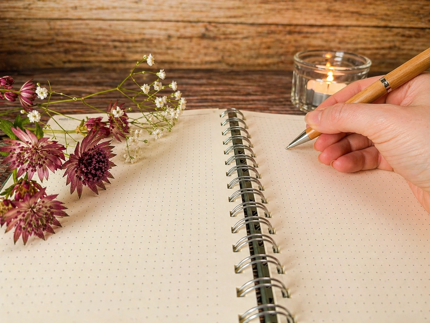 Hand schreibt in ein Notizbuch, daneben Blumen und Kerze auf Holztisch – Journaling am Abend