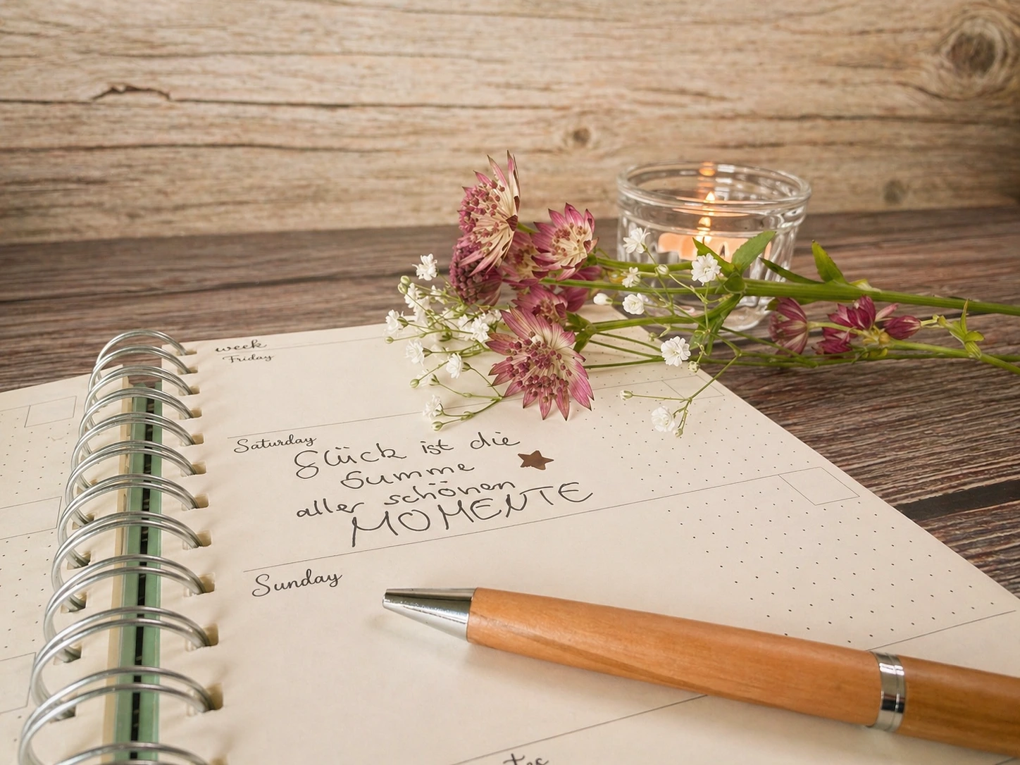 Journaling am Abend: Notizbuch, Stift, Blumen und Kerze auf einem Holztisch