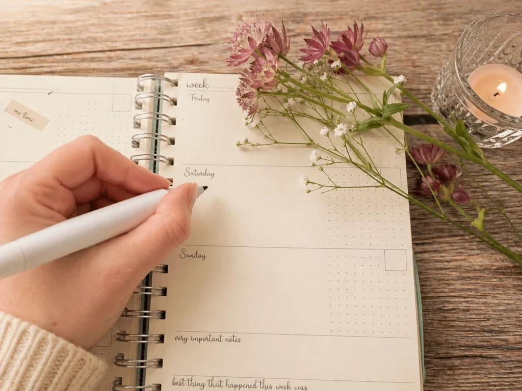 Hand schreibt in ein Notizbuch mit Blumen und Kerze auf einem Holztisch – Journaling am Abend