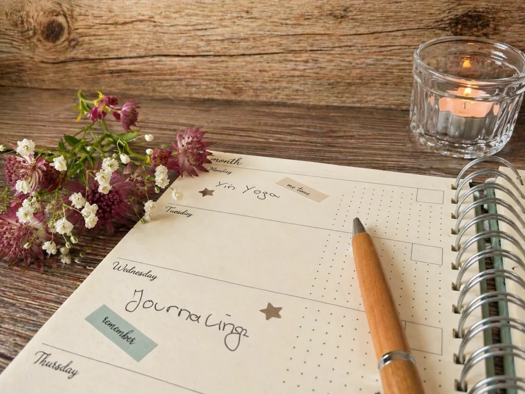Notizbuch mit Eintrag „Journaling“, Stift, Blumen und Kerze auf einem Holztisch – Abendroutine