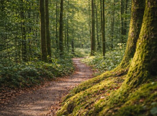 Ruhiger Waldweg mit moosbedeckten Baumst&auml;mmen und warmem Licht zwischen den B&auml;umen.