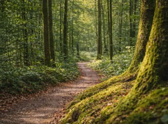 Ruhiger Waldweg mit moosbedeckten Baumstämmen und warmem Licht zwischen den Bäumen.