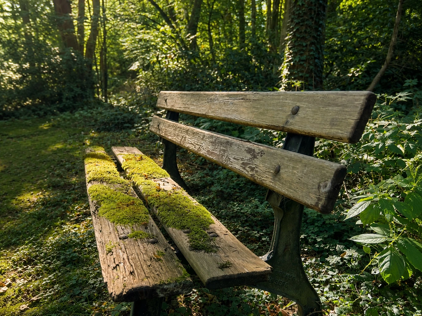 Moosbewachsene Holzbank auf einem ruhigen Waldweg im Sonnenlicht.