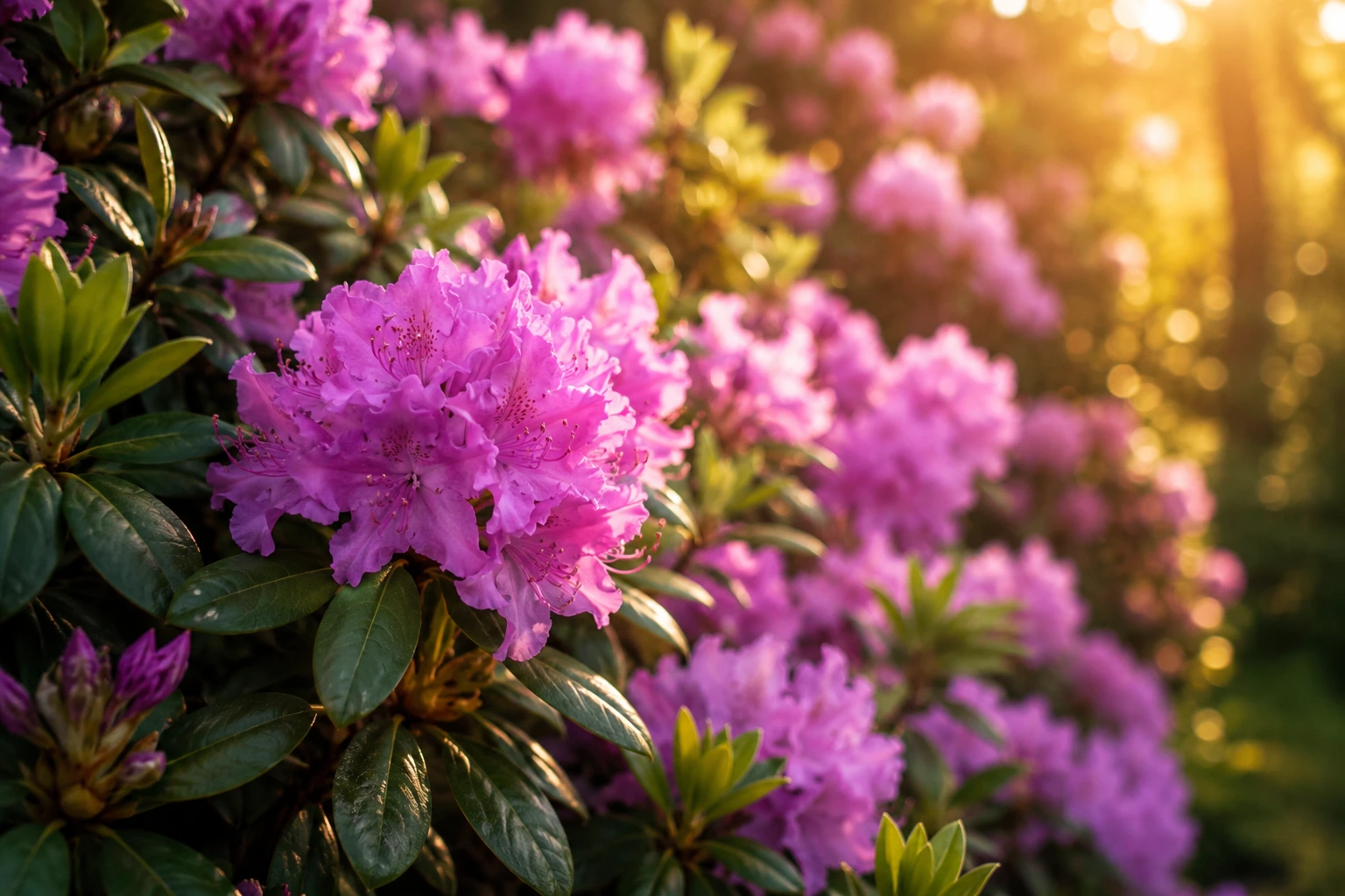 Bl&uuml;hender Rhododendron mit rosa Bl&uuml;ten im goldenen Sonnenlicht