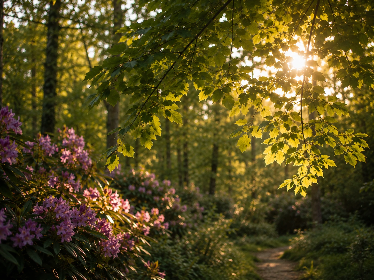 Sonnenlicht f&auml;llt durch gr&uuml;ne Bl&auml;tter auf einen Waldweg mit bl&uuml;henden Rhododendren
