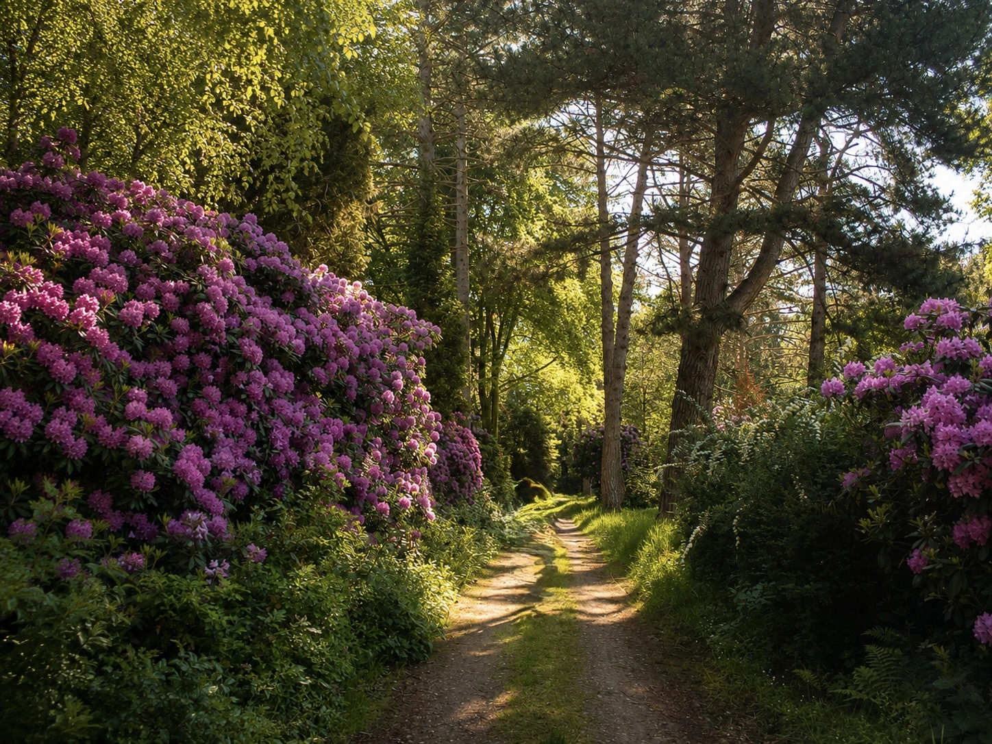 Sonniger Waldweg zwischen bl&uuml;henden Rhododendren und hohen B&auml;umen im warmen Abendlicht
