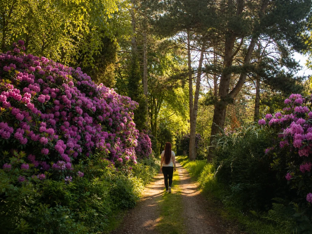 Frau auf einem Waldweg zwischen bl&uuml;henden Rhododendren im warmen Abendlicht
