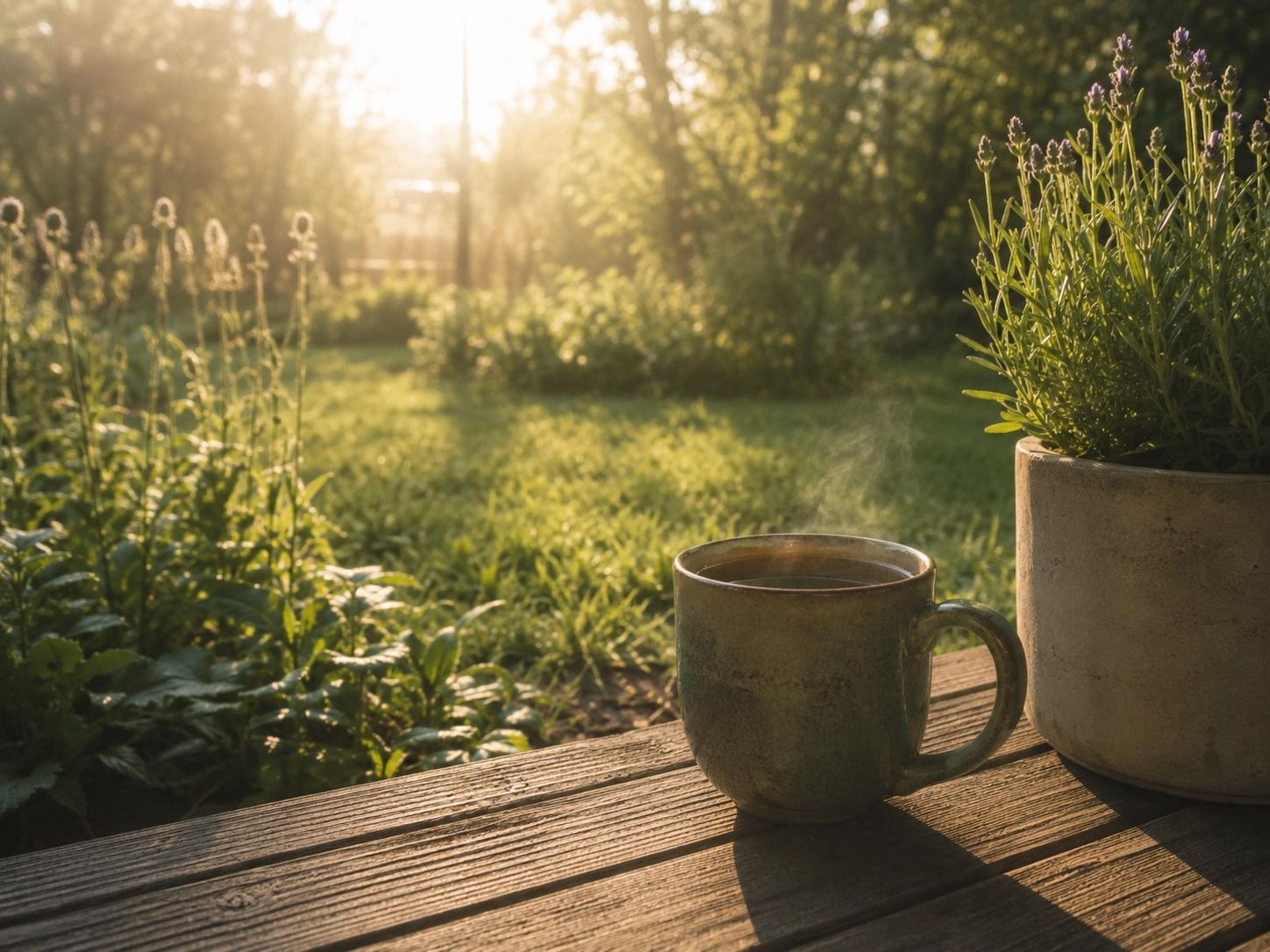 Tasse Tee im Morgenlicht auf einer Holzterrasse nach einer ruhigen Yin-Yoga-Morgenroutine.