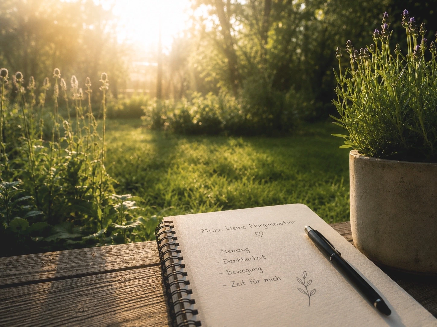 Journal mit einer kleinen Morgenroutine auf einer Holzterrasse im Morgenlicht neben einer Tasse Tee.