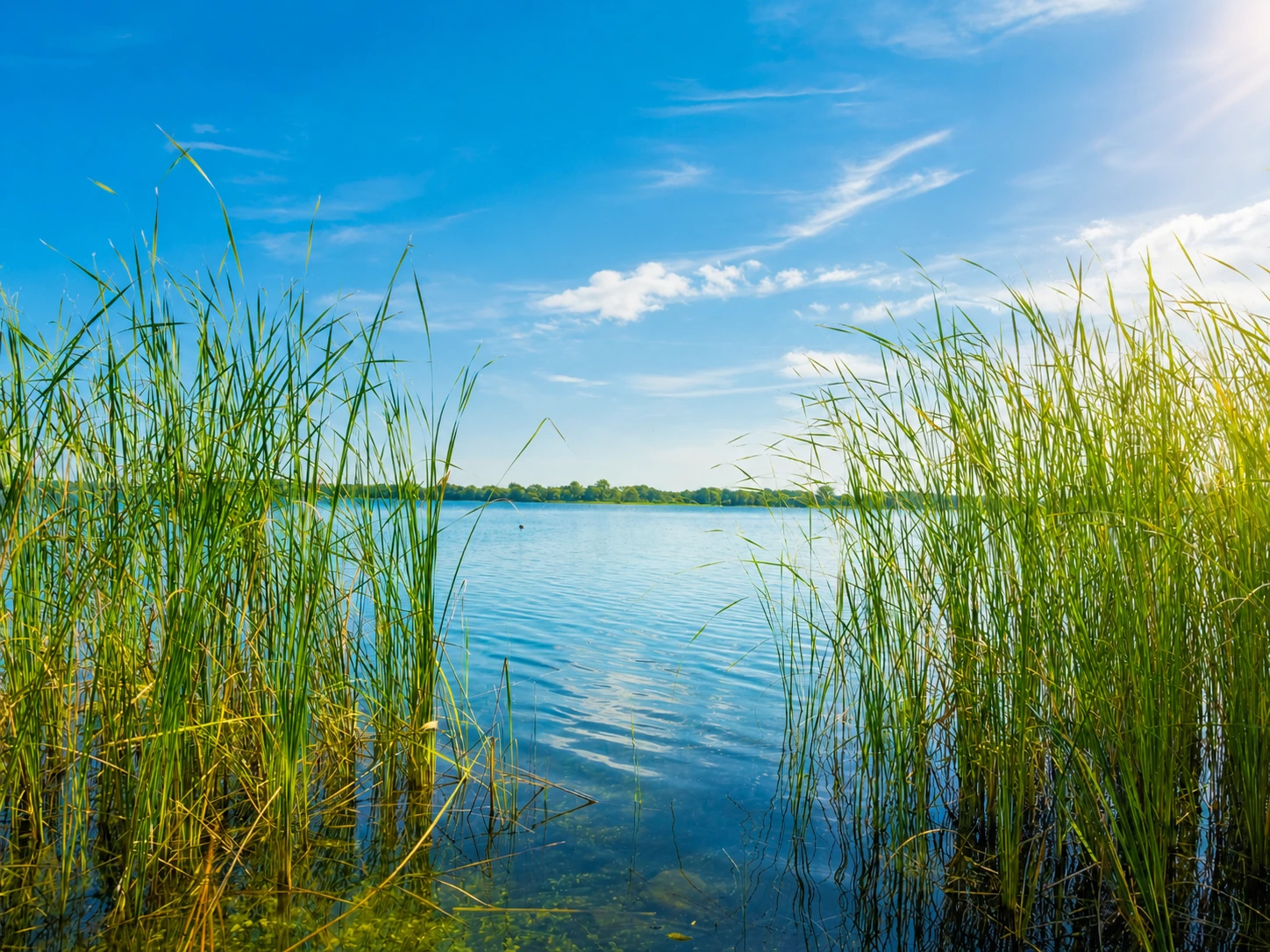 Ruhiger See mit Schilf an einem Sommertag