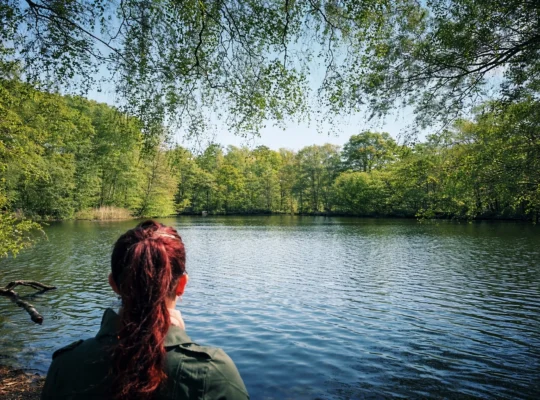 Frau blickt auf einen See, umgeben von grünen Bäumen