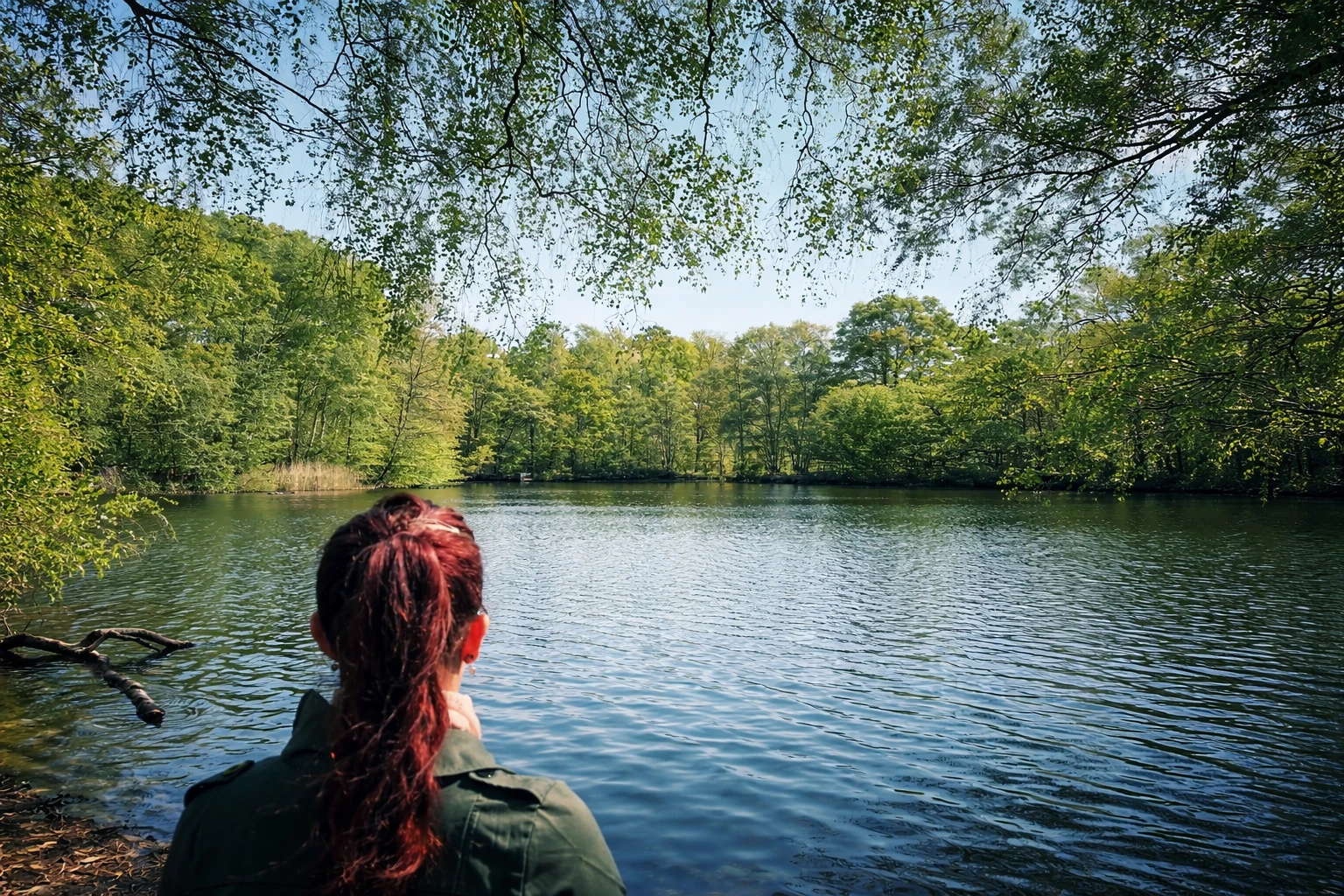 Frau blickt auf einen See, umgeben von grünen Bäumen