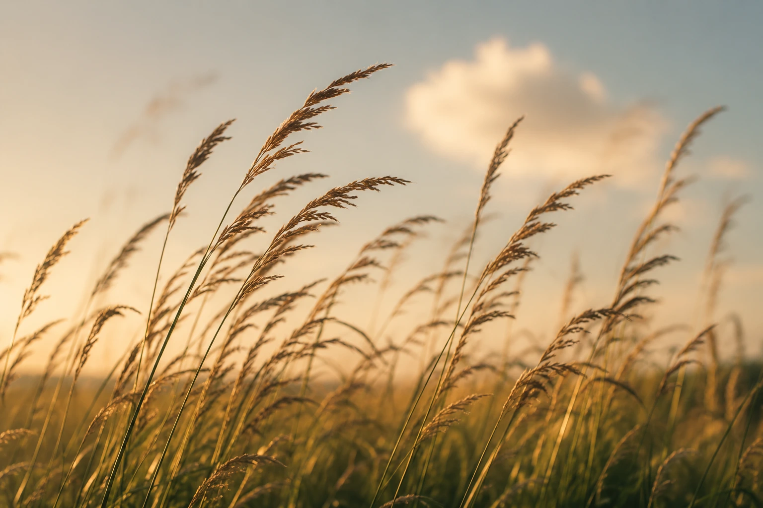 Gräser im warmen Abendlicht, die sich im Wind bewegen