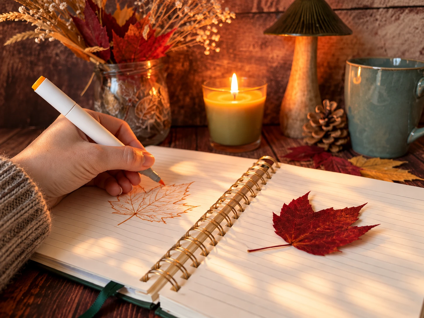 Geöffnetes Journal mit Herbstblättern, Kerze und Tasse in herbstlicher Atmosphäre