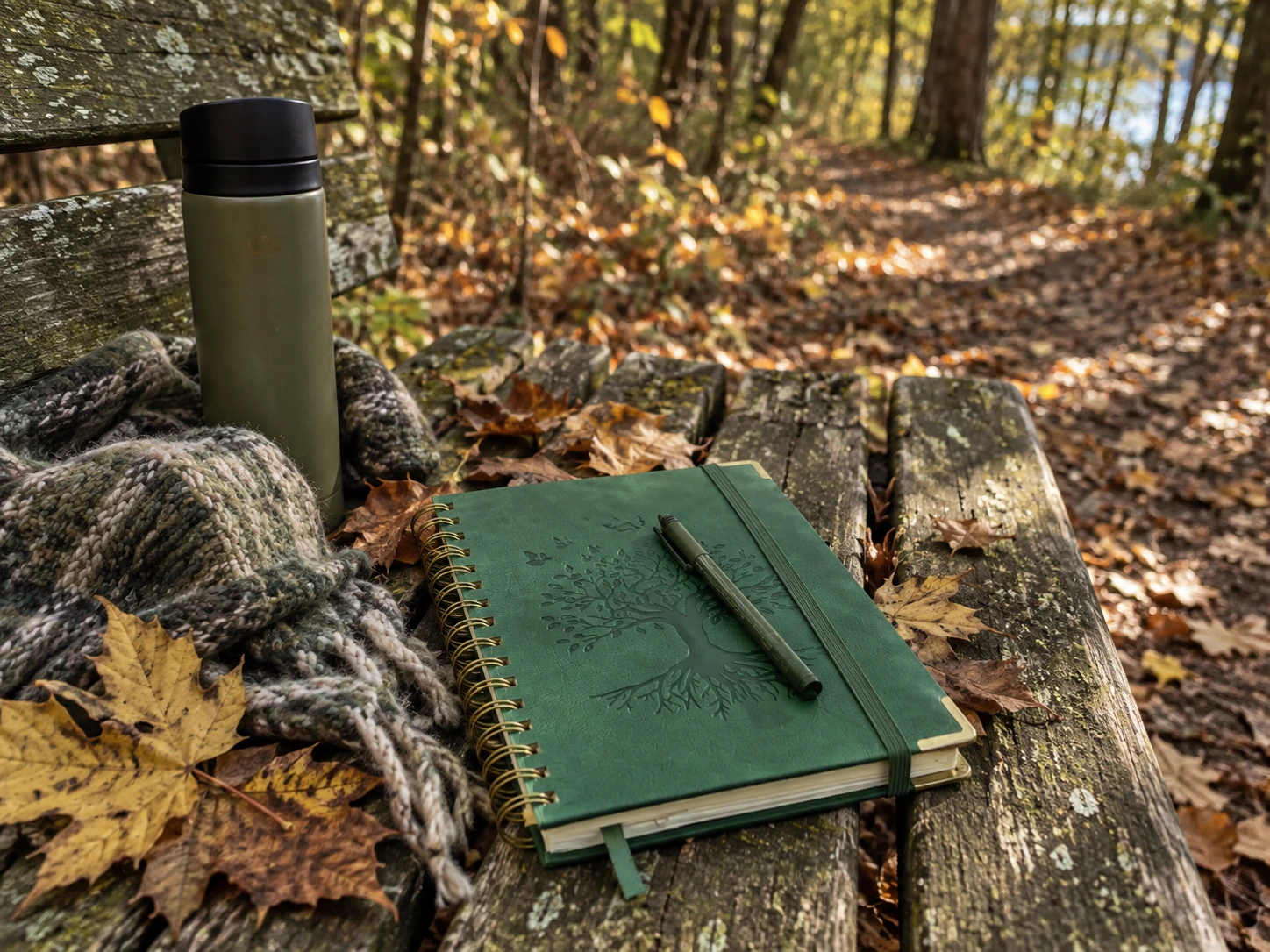 Grünes Journal mit Stift, Thermosflasche und Decke auf einer Holzbank im Herbstwald