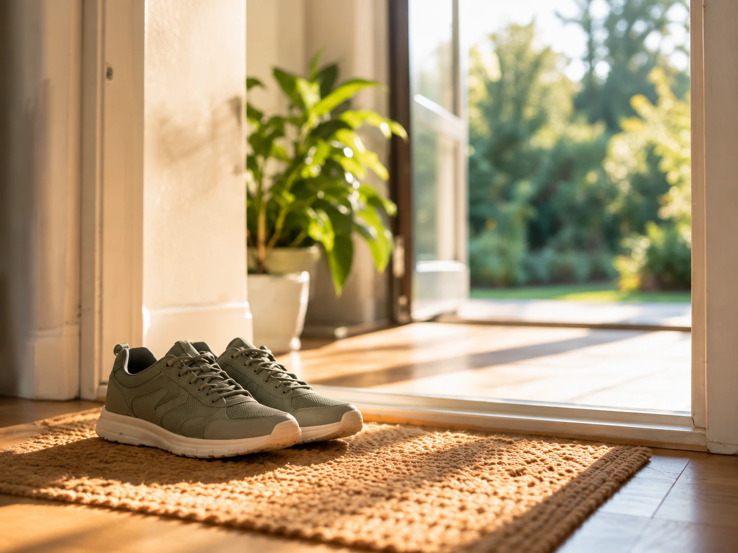 Grüne Sneaker stehen an einer geöffneten Tür mit Blick nach draußen