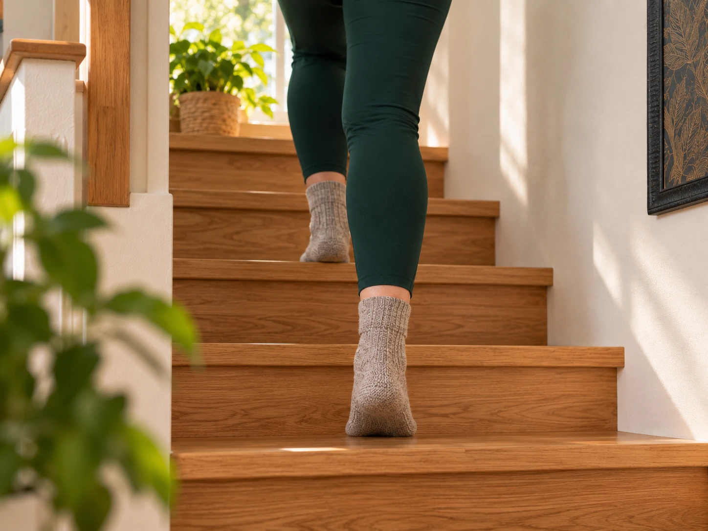 Person geht in Socken eine Holztreppe hinauf