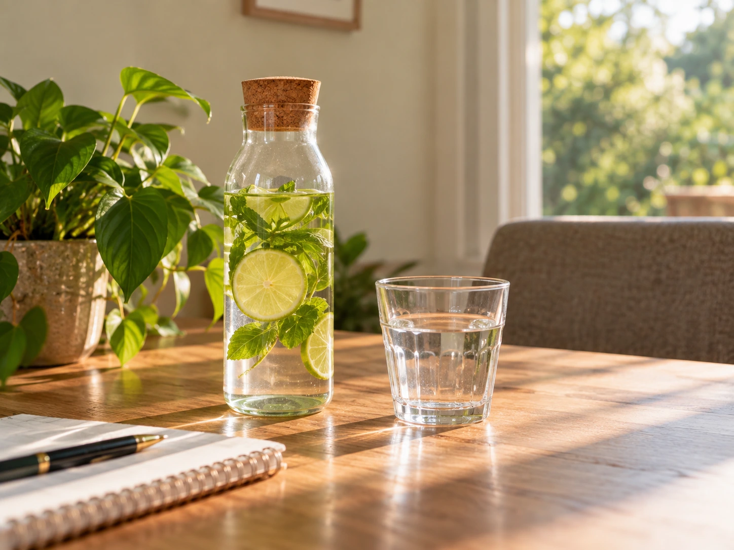 Wasserkaraffe mit Limette und Minze sowie ein Glas Wasser auf einem Holztisch