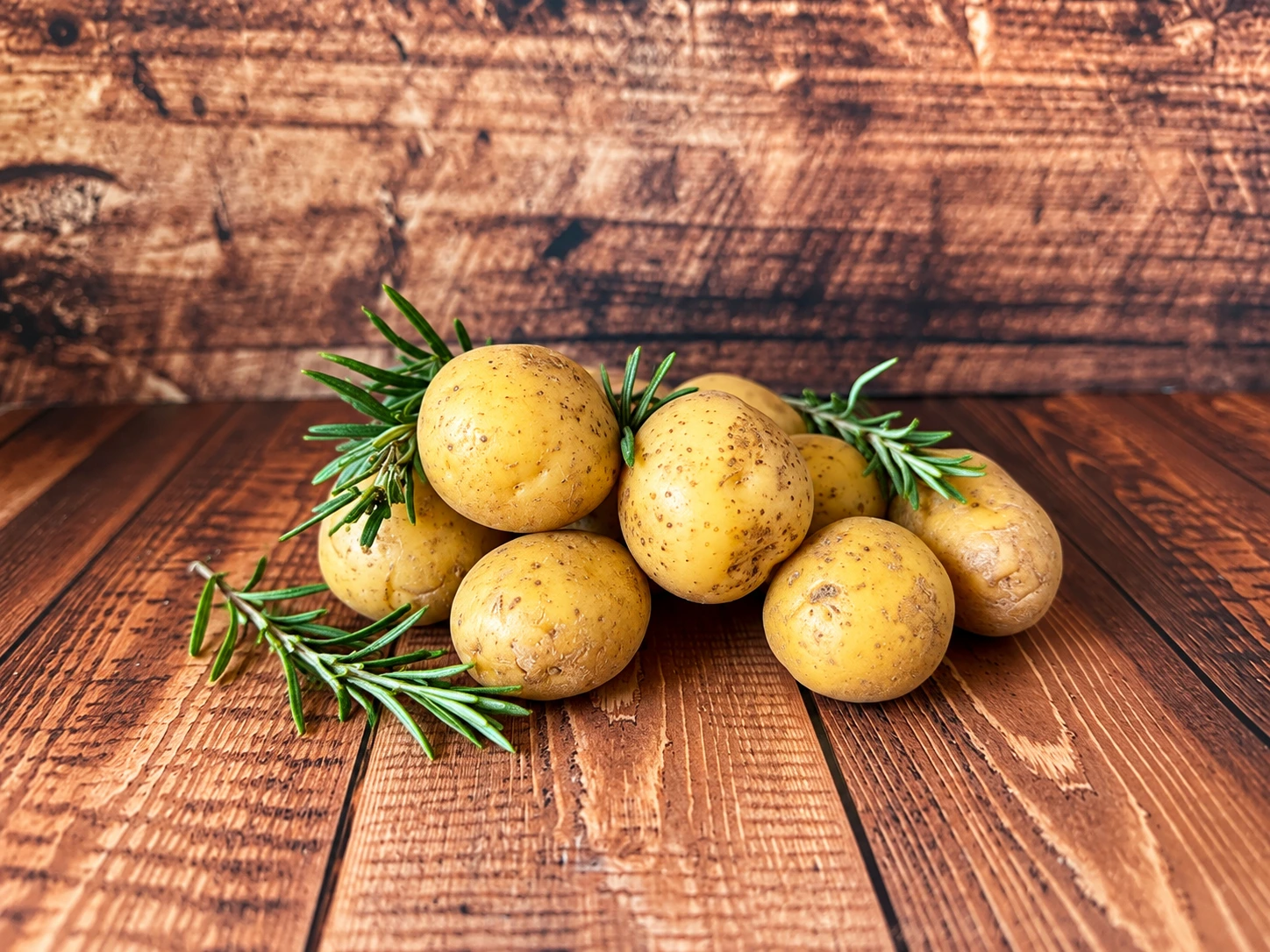 Kartoffeln mit frischen Rosmarinzweigen auf einem Holztisch