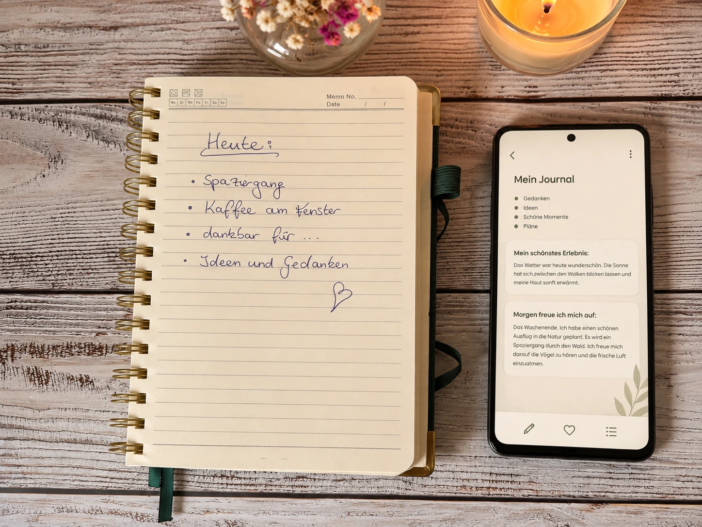 Vergleich zwischen analogem und digitalem Journaling: Links ein Notizbuch mit handgeschriebenen Stichpunkten, rechts ein Smartphone mit digitalen Journaleinträgen.
