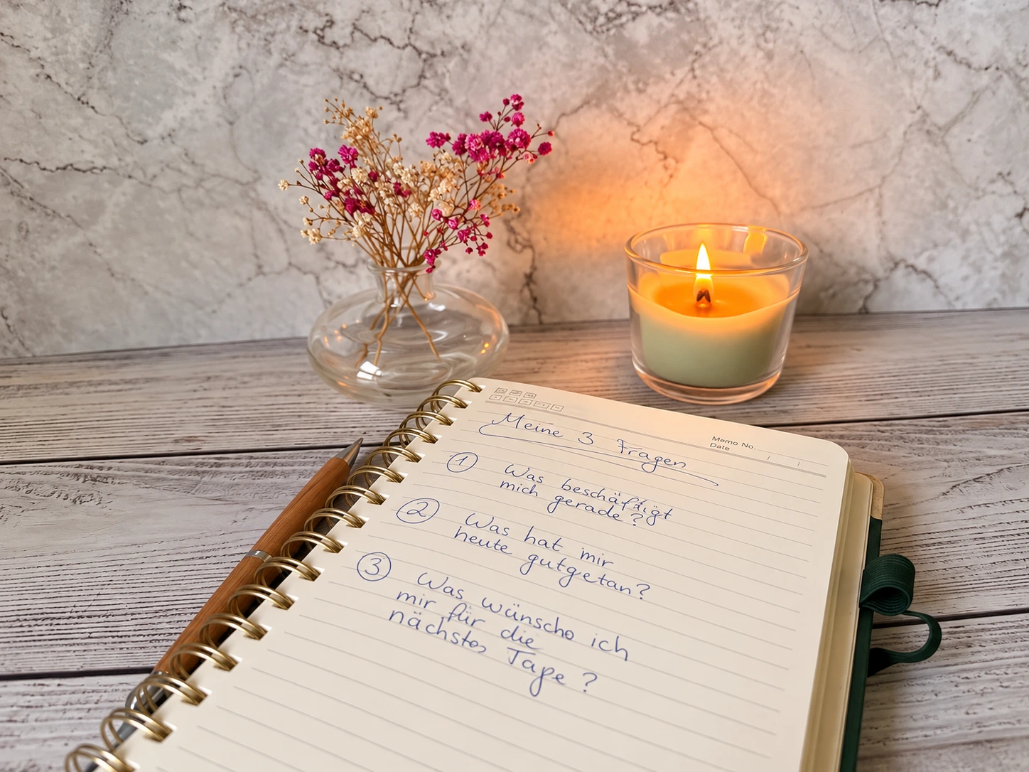 Aufgeschlagenes Journal mit drei handgeschriebenen Fragen zum Journaling für Anfänger. Daneben liegen ein Holzstift sowie eine brennende Kerze und Trockenblumen.