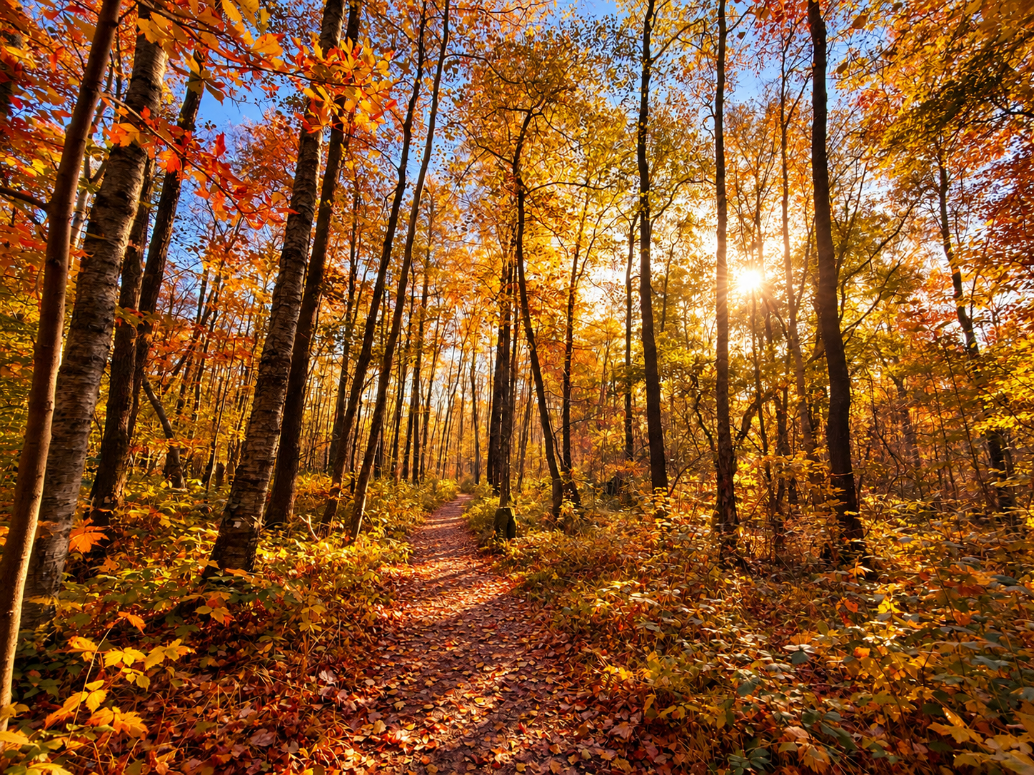 Sonniger Waldweg zwischen orange und golden gefärbten Bäumen im Herbst
