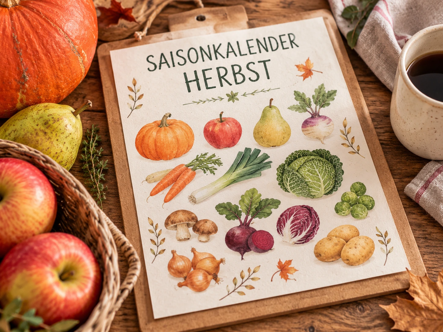 Saisonkalender für den Herbst mit Illustrationen von saisonalem Obst und Gemüse