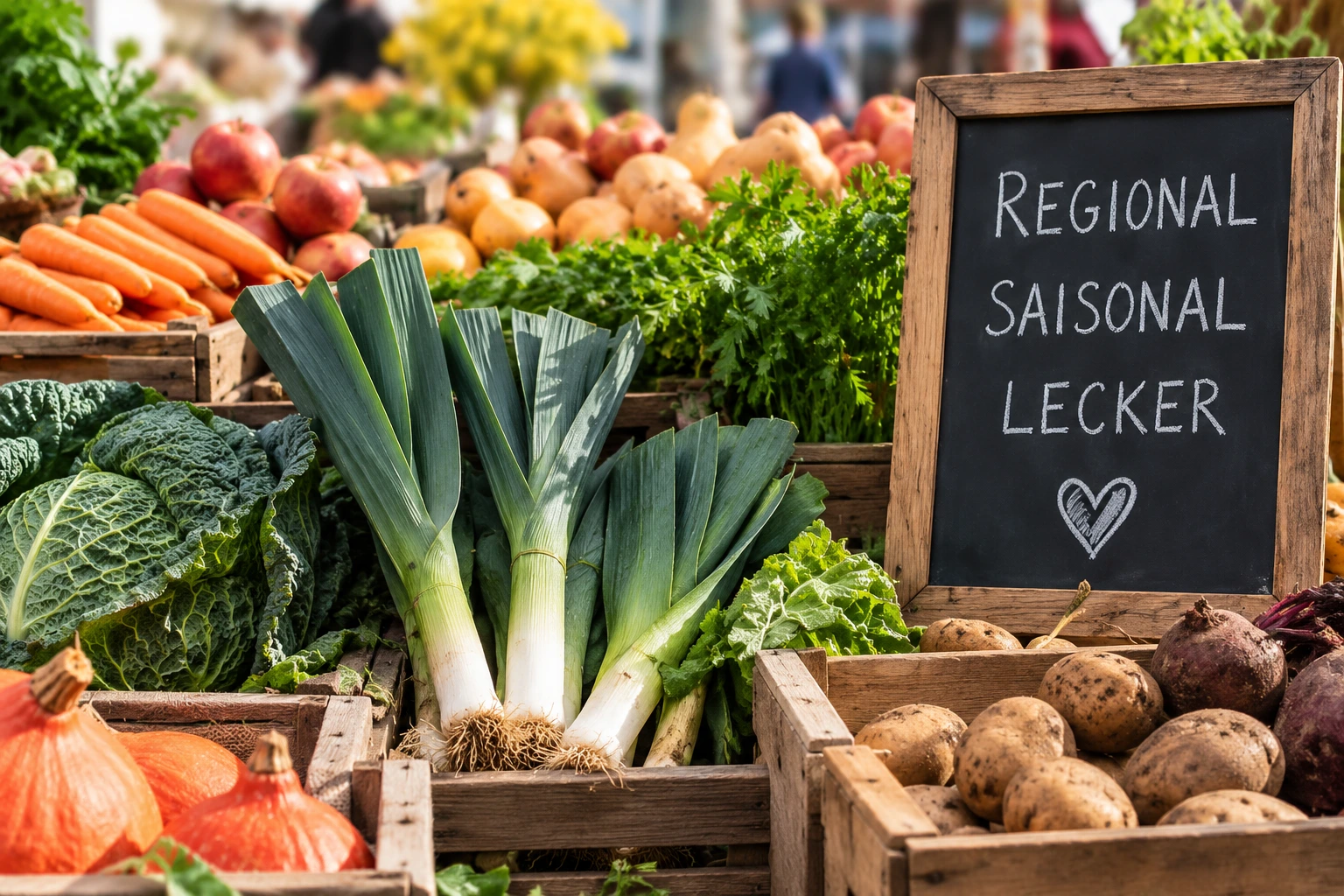 Marktstand mit Kürbis, Kohl, Möhren, Äpfeln und weiterem saisonalem Obst und Gemüse