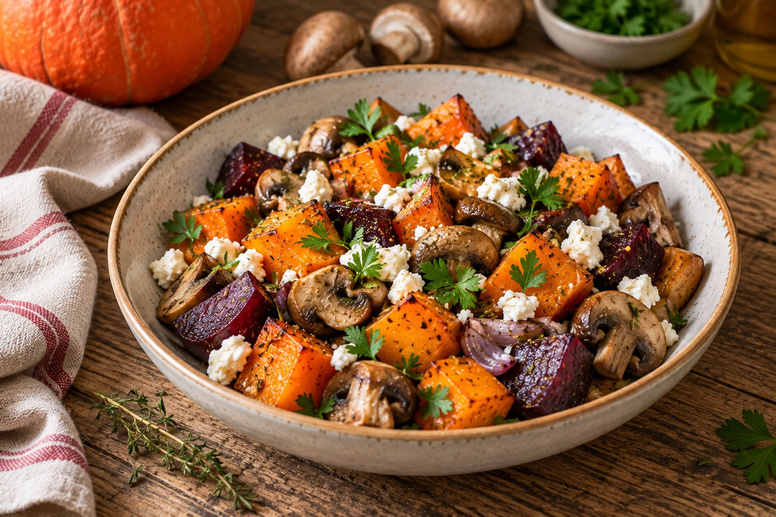 Bowl mit Kürbis, Pilzen, Roter Bete, Feta und Kräutern